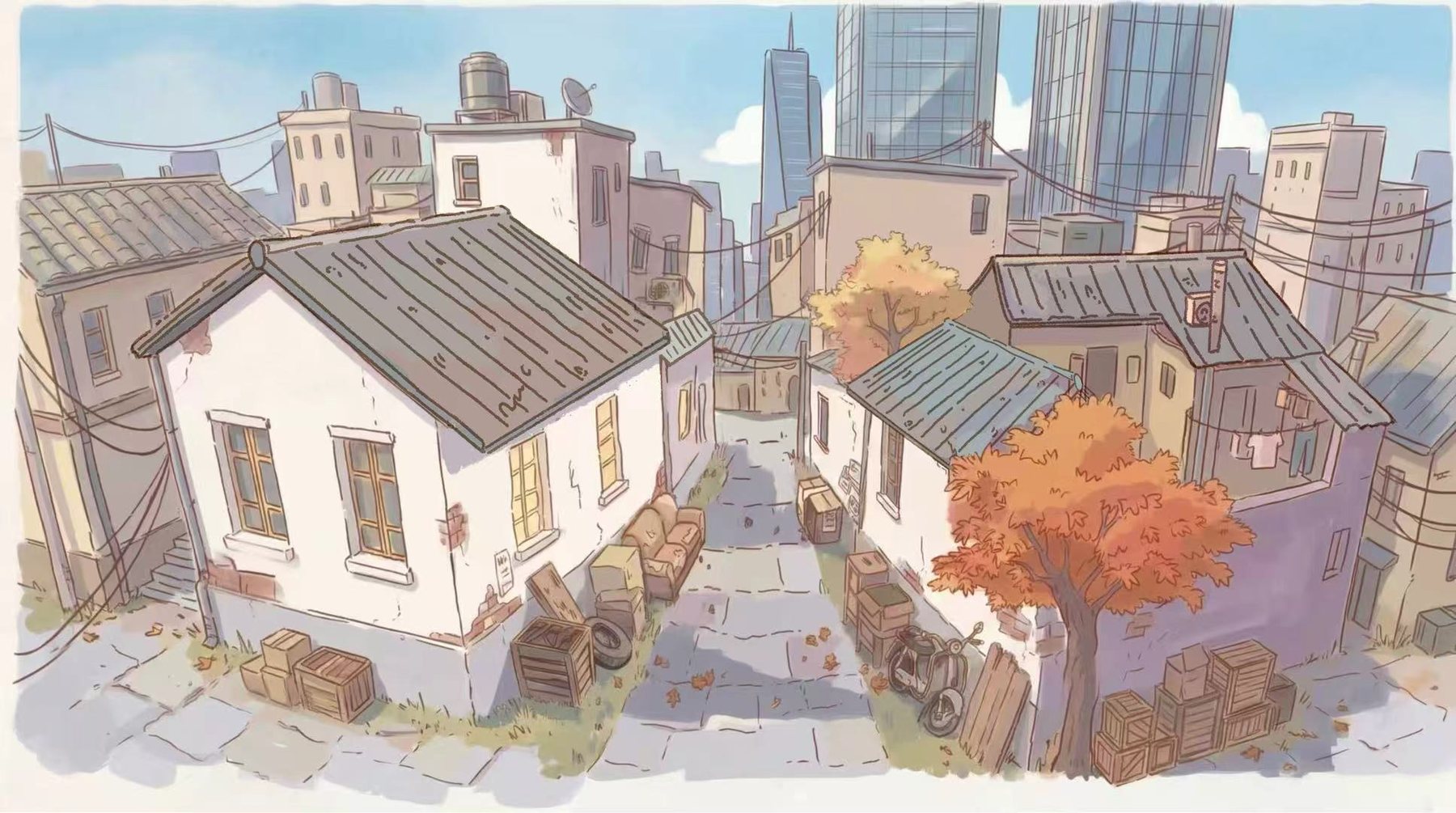 《PIKU》城市场景，老城区与远处高楼